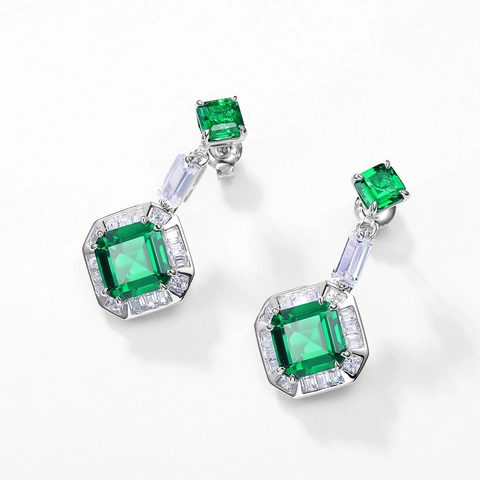S925 Sterling Silver Lab-Created Emerald Drop Earrings For Women Vintage Geometric Zirconia Inlaid Green Gemstone Earrings Jewelry