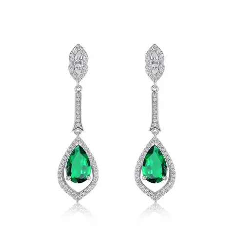Vintage 925 Sterling Silver Lab-Grown Emerald Dangle Earrings For Women Luxurious Rhinestone Inlaid Drop Earrings Jewelry