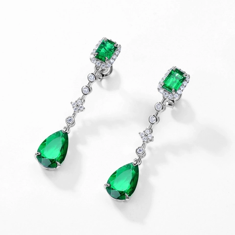 Vintage 925 Sterling Silver Lab-Created Emerald Drop Earrings For Women Luxury Rhinestone Water Drop Wedding Banquet Jewelry