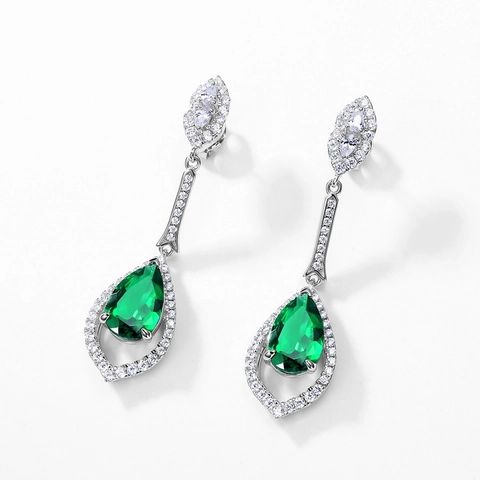 Vintage 925 Sterling Silver Lab-Grown Emerald Dangle Earrings For Women Luxurious Rhinestone Inlaid Drop Earrings Jewelry