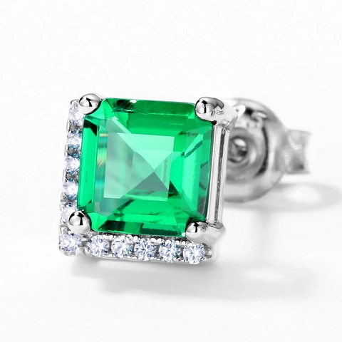 Vintage 925 Sterling Silver Lab-grown Emerald Red Ruby Stud Earrings For Women Square Princess Cut Rhinestone Jewelry