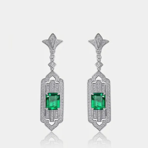 Vintage Art Deco 925 Sterling Silver Lab-Created Emerald Drop Earrings For Women Geometric Rhinestone Pave Fine Jewelry