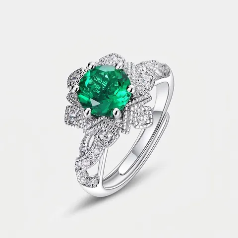 Vintage 925 Sterling Silver Lab-Created Emerald Flower Ring For Women Exquisite Geometric Rhinestone Adjustable Open Ring Jewelry Gift