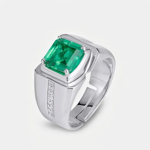 925 Sterlingsilber Im Labor Gezüchteter Smaragd Ring Für Herren Luxus Eingelegt Strass Verstellbar Business Mode Schmuck