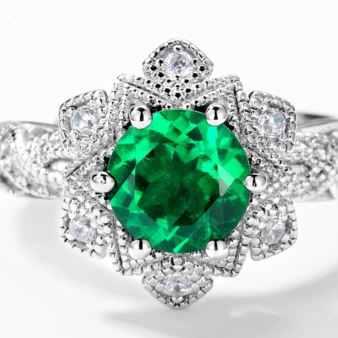 Vintage 925 Sterling Silver Lab-Created Emerald Flower Ring For Women Exquisite Geometric Rhinestone Adjustable Open Ring Jewelry Gift