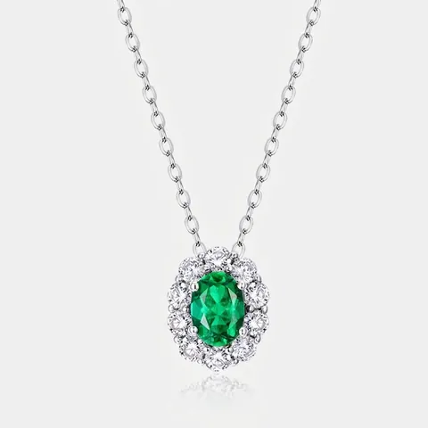 Collana con Ciondolo in Smeraldo Creato in Laboratorio in Argento Sterling 925 Retro Halo Zirconia per Donna Regali Gioielli
