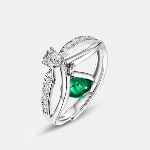 Lab-Created Emerald Open Ring 925 Sterling Silver Geometric Zirconia Inlaid Adjustable Vintage Fashion Jewelry For Women