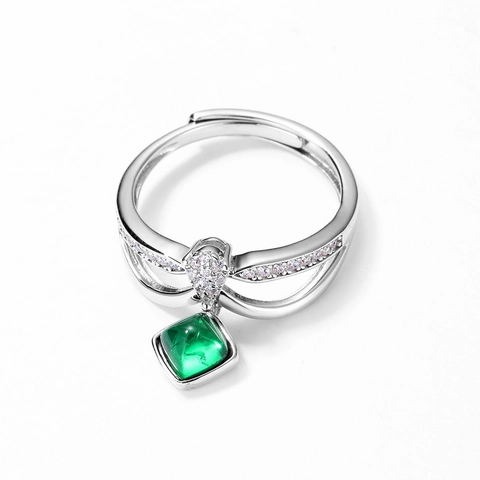 Lab-Created Emerald Open Ring 925 Sterling Silver Geometric Zirconia Inlaid Adjustable Vintage Fashion Jewelry For Women