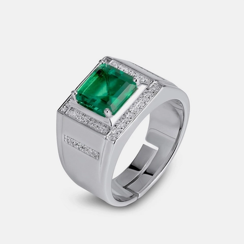 Anello in Argento Sterling 925 con Smeraldo Creato in Laboratorio per Uomo Lusso Strass Intarsiato Anello Aperto Regolabile