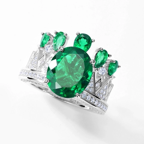 Vintage Luxe Gekweekte Smaragd Kroon Ring Voor Dames 925 Sterling Zilver Strass Ingelegde Statement Ring Sieraden Cadeau