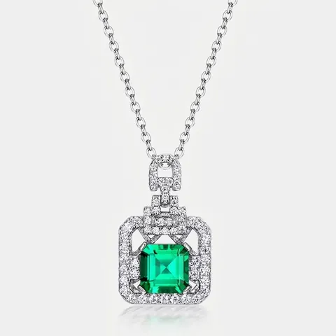 Vintage 925 Sterling Silver Lab-Grown Emerald Pendant Necklace For Women Square Green Gemstone Rhinestone Inlaid Jewelry Gift