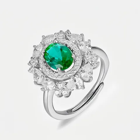 Anello Vintage in Argento Sterling 925 Con Smeraldo di Laboratorio a Forma di Fiore Regolabile Con Halo di Strass Donna