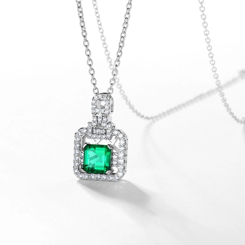 Vintage 925 Sterling Silver Lab-Grown Emerald Pendant Necklace For Women Square Green Gemstone Rhinestone Inlaid Jewelry Gift