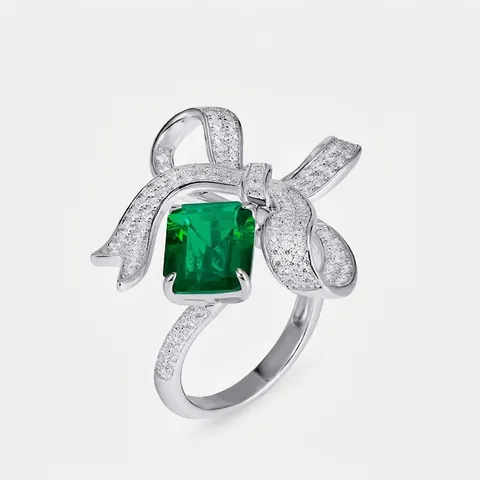 S925 Sterling Silver Lab-Created Emerald Bow Ring For Women Vintage Inlaid Rhinestone Fashion Party Jewelry Finger Ring