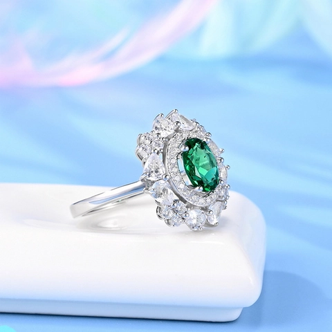 Anello Vintage in Argento Sterling 925 Con Smeraldo di Laboratorio a Forma di Fiore Regolabile Con Halo di Strass Donna