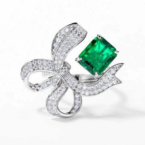 S925 Sterling Silver Lab-Created Emerald Bow Ring For Women Vintage Inlaid Rhinestone Fashion Party Jewelry Finger Ring