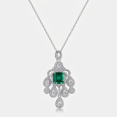 Vintage 925 Sterlingsilber Labor-Smaragd Anhänger Halskette Für Damen Luxus Geometrische Grüne Stein Strass Schmuck Geschenk