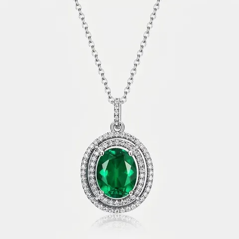 Vintage 925 Sterlingsilber Labor Geklonter Smaragd Anhänger Halskette Luxuriöse Ovale Halo Strass Eingelegte Halskette Für Damen Hochzeit Schmuck