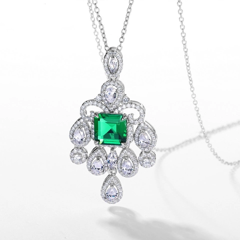 Vintage 925 Sterlingsilber Labor-Smaragd Anhänger Halskette Für Damen Luxus Geometrische Grüne Stein Strass Schmuck Geschenk