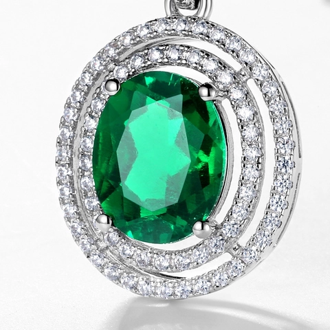 Vintage 925 Sterlingsilber Labor Geklonter Smaragd Anhänger Halskette Luxuriöse Ovale Halo Strass Eingelegte Halskette Für Damen Hochzeit Schmuck