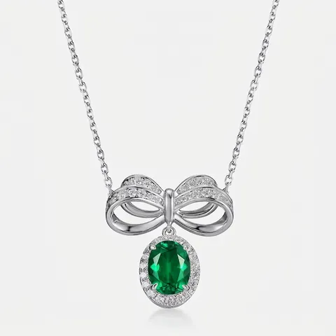 Collar con Colgante de Lazo de Plata de Ley 925 con Esmeralda Creada en Laboratorio para Mujer Joyería de Cadena de Clavícula con Incrustaciones de Strass
