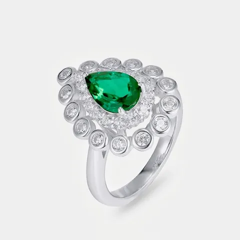 Vintage 925 Sterling Silver Lab-Created Emerald Ring For Women Pear Cut Pave Rhinestone High Noble Banquet Jewelry