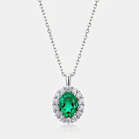 Vintage 925 Sterling Silver Lab Grown Emerald Pendant Necklace For Women Luxurious Geometric Zirconia Inlaid Jewelry Gift