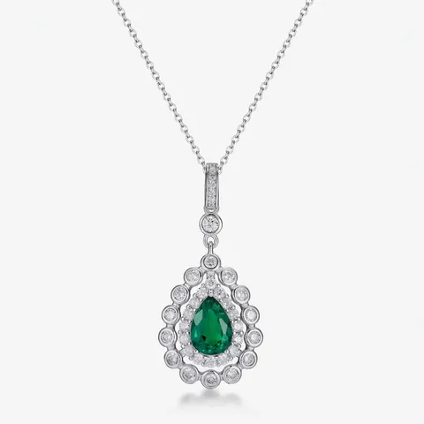 Vintage 925 Sterling Silver Synthetic Emerald Teardrop Pendant Necklace Luxurious Water Drop Rhinestone Double Halo Jewelry For Women