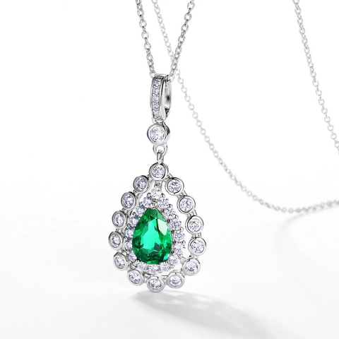 Vintage 925 Sterling Silver Synthetic Emerald Teardrop Pendant Necklace Luxurious Water Drop Rhinestone Double Halo Jewelry For Women