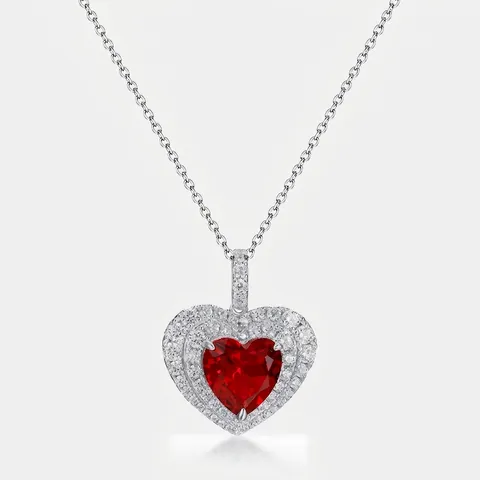 Collana con Ciondolo a Cuore in Argento Sterling 925 Rubino Zaffiro Creato in Laboratorio Doppio Halo Zirconia Gioielli Eleganti Donna