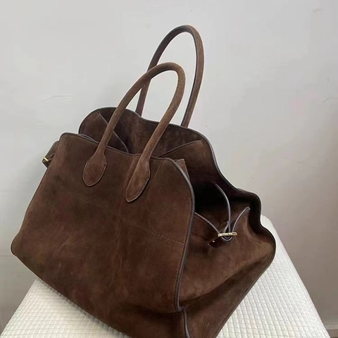 Large Capacity Suede Texture PU Leather Tote Bag For Women Vintage Travel Handbag With Double Handle And Side Buckle