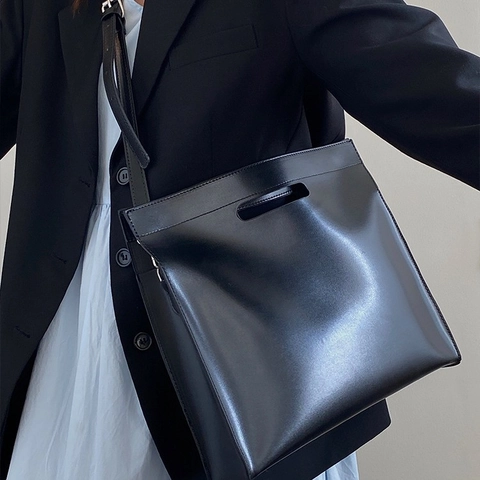 Women Minimalist PU Leather Tote Bag Large Capacity Handbag Square Crossbody Briefcase With Top Handle Solid Color For Daily