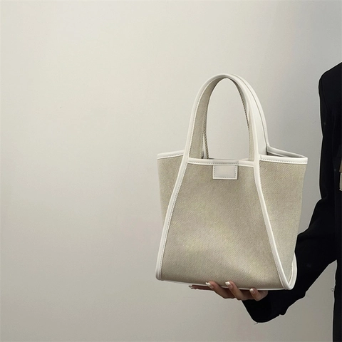 Urban Minimalist Canvas Tote Bag For Women Large Capacity Splicing Shoulder Bag Contrast Trim Crossbody Daily Handbag