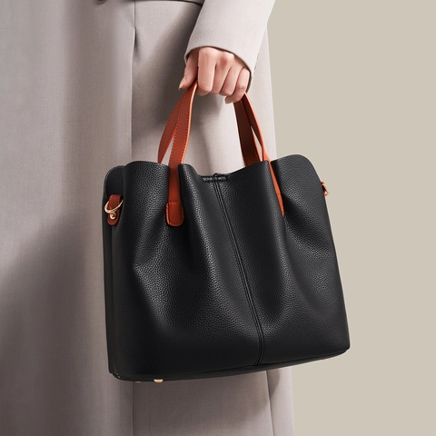 Women's Large Capacity Tote Bag Trendy Soft PU Leather Contrast Color Handbag Commuter Shoulder Crossbody Sub-Mother Bag