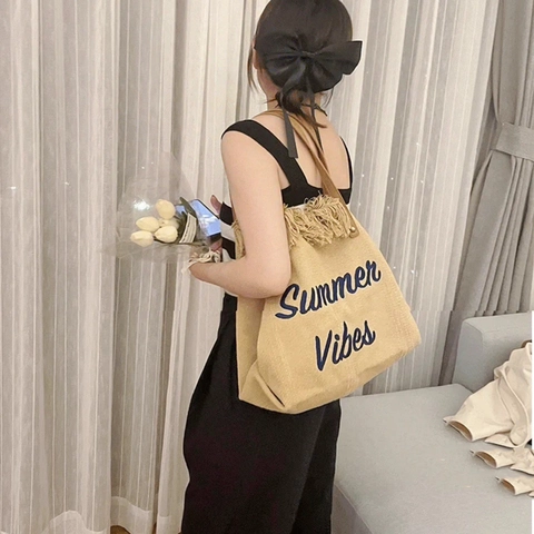 Women Large Capacity Canvas Tote Bag Summer Vibes Letter Embroidery Woven Beach Bag With Tassels PU Leather Handles Casual Shoulder Bag