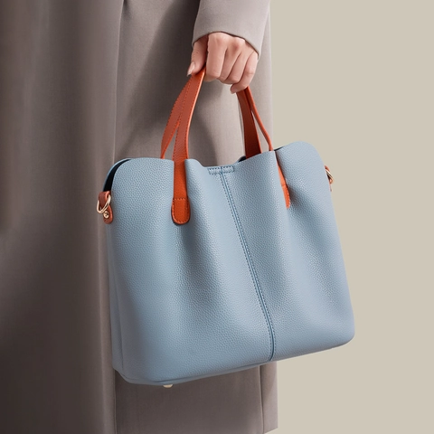 Women's Large Capacity Tote Bag Trendy Soft PU Leather Contrast Color Handbag Commuter Shoulder Crossbody Sub-Mother Bag