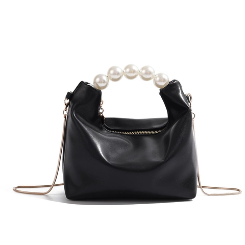 Women Luxury PU Handbag With Large Artificial Pearl Handle Elegant Chain Shoulder Bag Urban Minimalist Dumpling Bag For Party