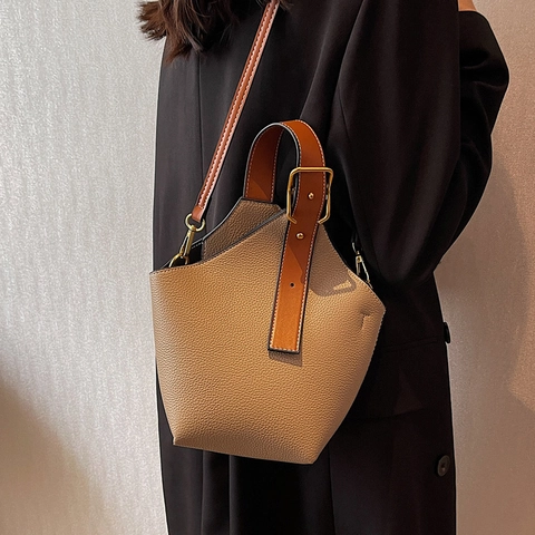 Dames Litchi Patroon PU Leer Emmer Tas Stiksel Ontwerp Minimalistisch Kleurblok Crossbody Schoudertas Urban Fashion Handtas