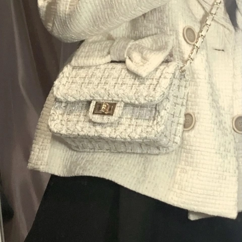 Dames Elegante Tweed Hahnentritt Crossbody Tas Vintage Plaid Schoudertas Met Metalen Slot Luxe Ketting Kleine Vierkante Tas