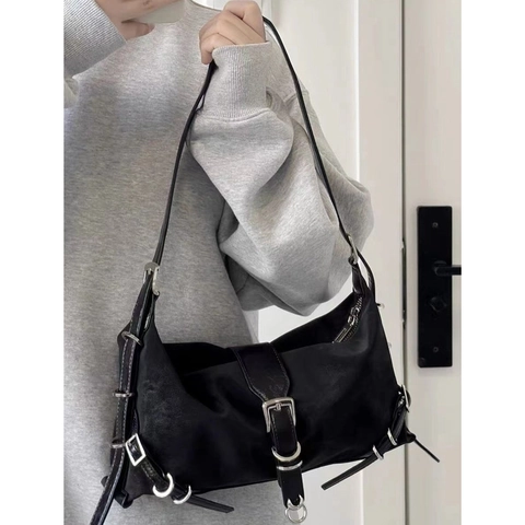 Women Metallic PU Leather Underarm Bag Cool Girl Cargo Style Shoulder Bag With Buckle Decor Silver Matte Punk Y2K Handbag