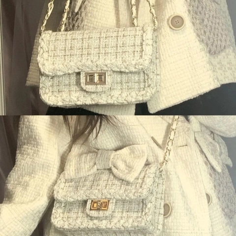 Dames Elegante Tweed Hahnentritt Crossbody Tas Vintage Plaid Schoudertas Met Metalen Slot Luxe Ketting Kleine Vierkante Tas