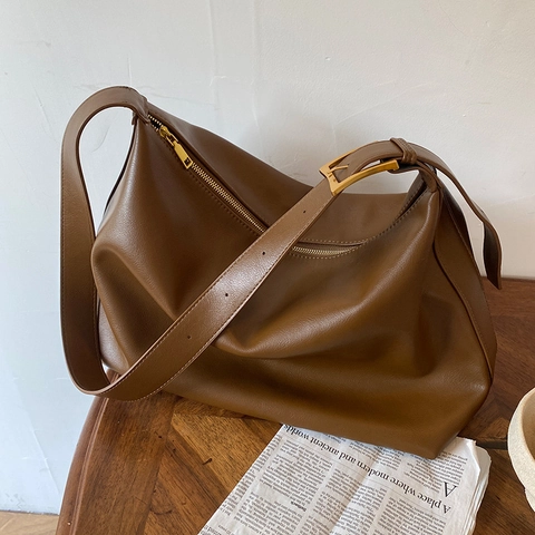 Women Large Capacity PU Leather Hobo Shoulder Bag Adjustable Wide Strap Gold Buckle Solid Color Crossbody Commuter Tote Bag