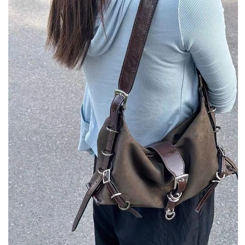Women Metallic PU Leather Underarm Bag Cool Girl Cargo Style Shoulder Bag With Buckle Decor Silver Matte Punk Y2K Handbag