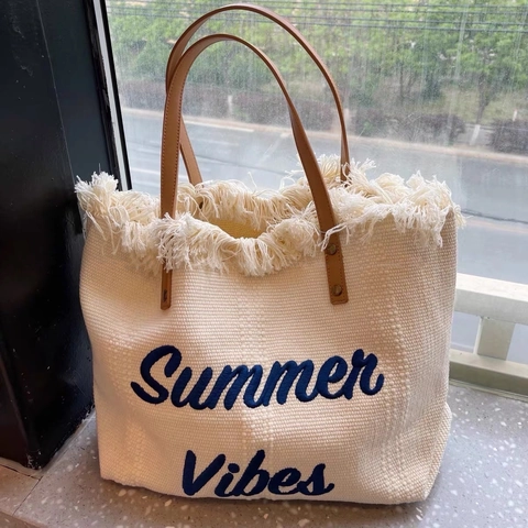 Women Large Capacity Canvas Tote Bag Summer Vibes Embroidery Fringed Shoulder Bag Woven Style Beach Handbag Leather Handle