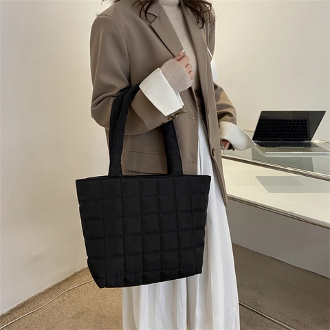 Women Fashion Quilted Rhombic Polyester Puffer Tote Bag Large Capacity Commuter Shopping Shoulder Bag College Student Bag