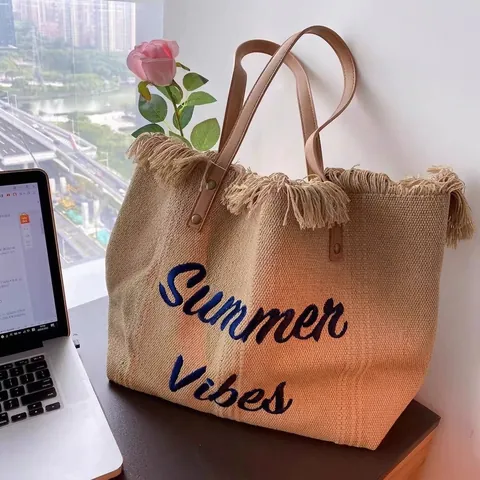 Women Large Capacity Canvas Tote Bag Summer Vibes Embroidery Fringed Shoulder Bag Woven Style Beach Handbag Leather Handle