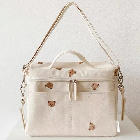 Borsa Fasciatoio Isolata in Tela con Orsetto Ricamato in Stile Coreano Borsa Portaoggetti per Passeggino Borsa Termica di Grande Capacità per Donna Bambini