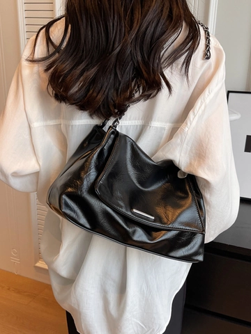 Dames Grote Capaciteit PU Leer Schoudertas Stedelijk Minimalistisch Ketting Band Tote Bag Met Metallic Plooi Textuur Voor Dagelijks