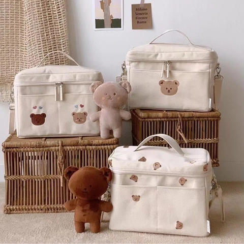 Korean Style Bear Embroidered Canvas Insulated Mommy Bag Baby Stroller Storage Bag Large Capacity Thermal Lunch Tote Bag For Women Kids