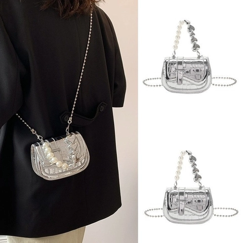 Borsa a Sella Argento Mini da Donna Con Manico in Perle Artificiali Motivo Coccodrillo Goffrato Pelle PU Catena a Tracolla